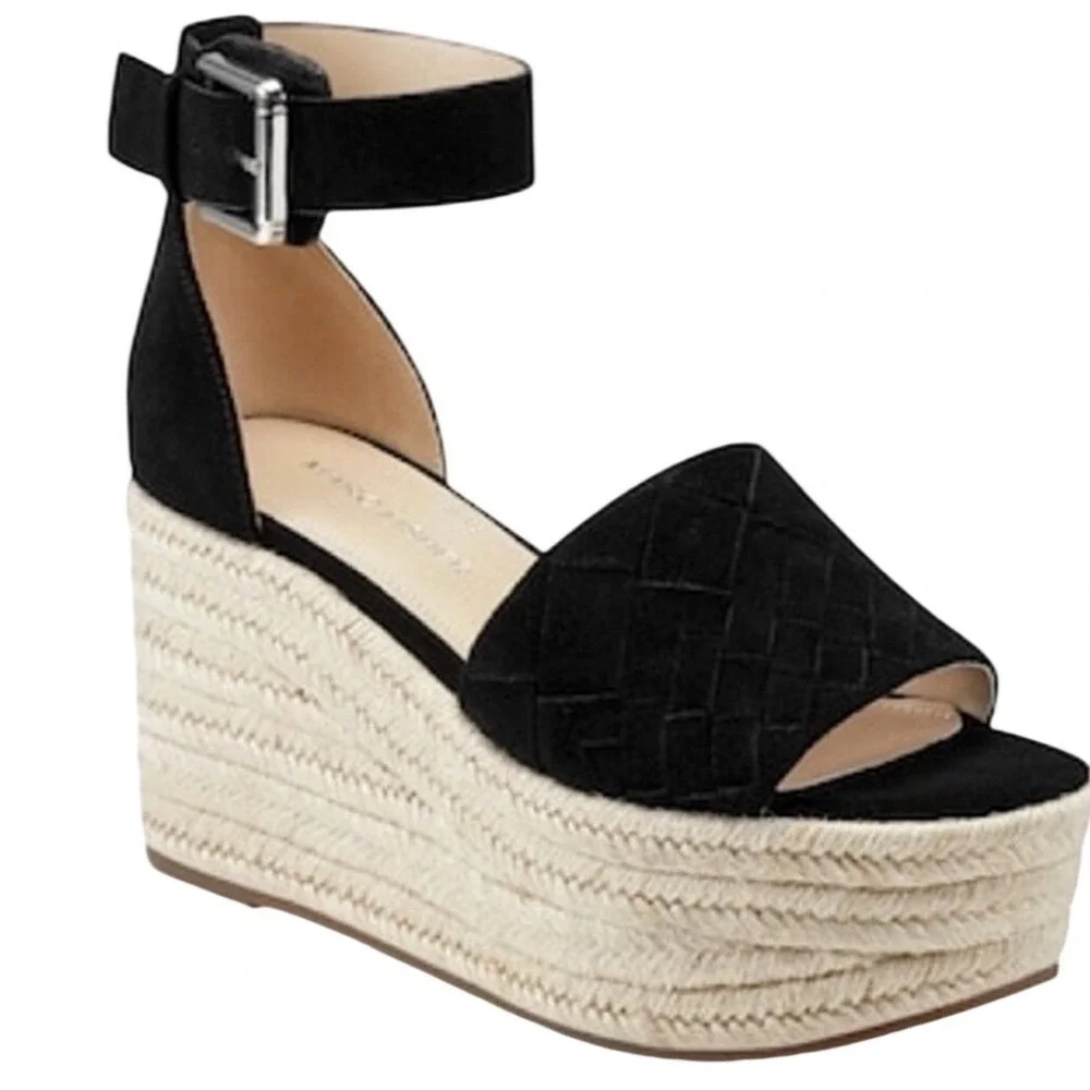 Marc Fisher Vixta Black Suede Woven Espadrille Wedge Sandals 8.5M